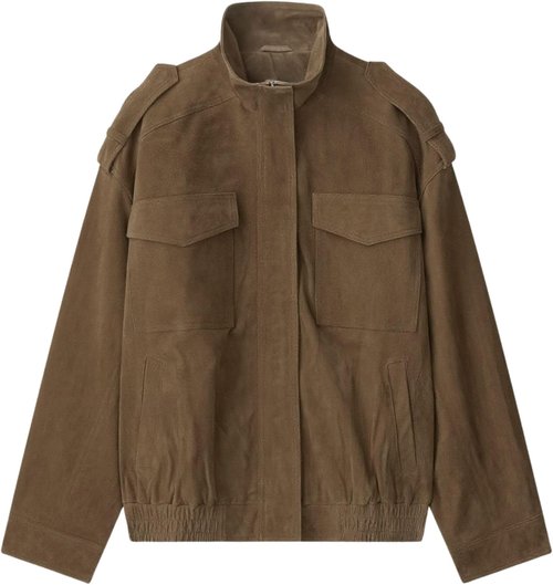 FindThy Women's Suede Leather Jacket - Vintage High Collar, Long Sleeve, Oversized Coat with Pockets