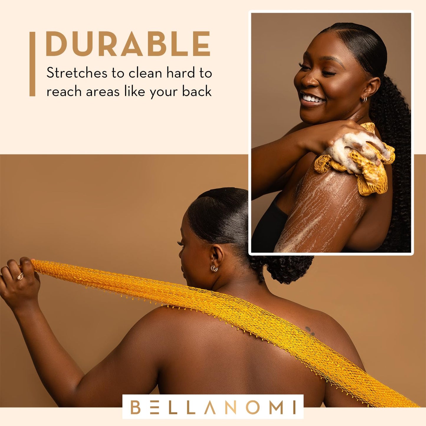 BELLANOMI African Exfoliating Net Sponge, Authentic, Ethically sourced from Nigeria, 45 inches Long, Back Scrubber for Daily use (Black)