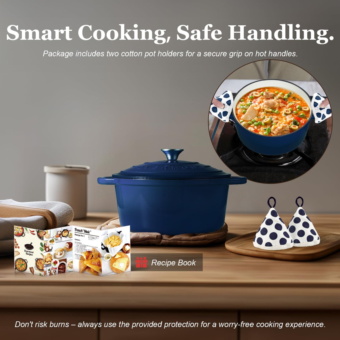 Overmont Enameled Cast Iron Dutch Oven - 4.5QT Pot with Lid Cookbook & Cotton Potholders - Heavy-Duty Cookware for Braising, Stews, Roasting, Bread Baking bottle green