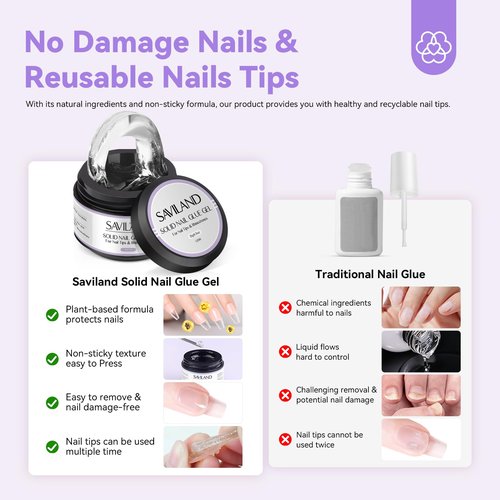 SAVILAND 30G Solid Nail Glue Gel: 2 PCS Gel Nail Glue for Acrylic Nails Strong Adhesive Solid Rhinestone Gel for Fake Nails Tips Women Home Salon DIY U V LED Lamp Cured