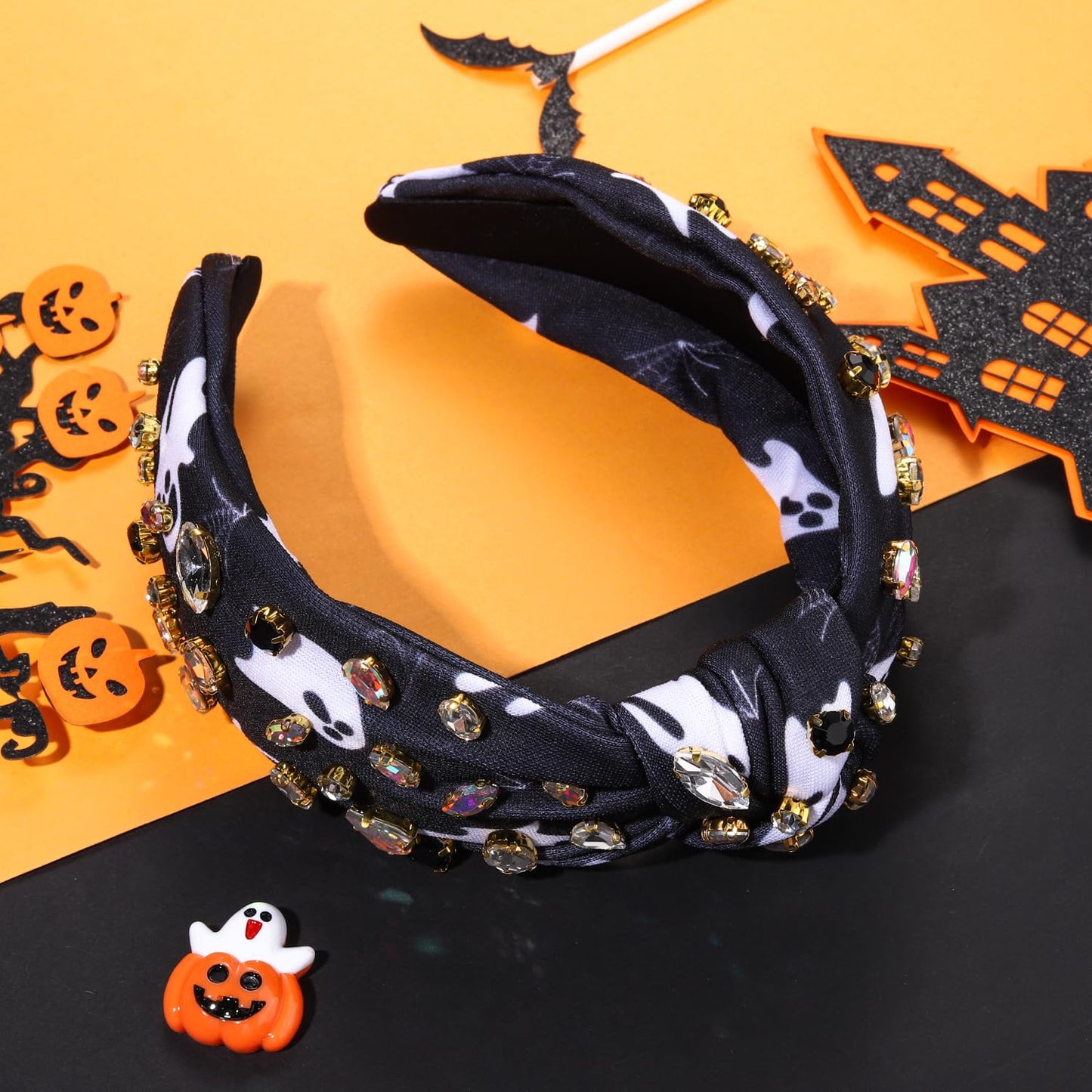 Halloween Crystal Knotted Headband for Women Rhinestone Jeweled Embellished Spooky Ghost Print Wide Top Knot Hairband Halloween Costume Party Hair Accessory