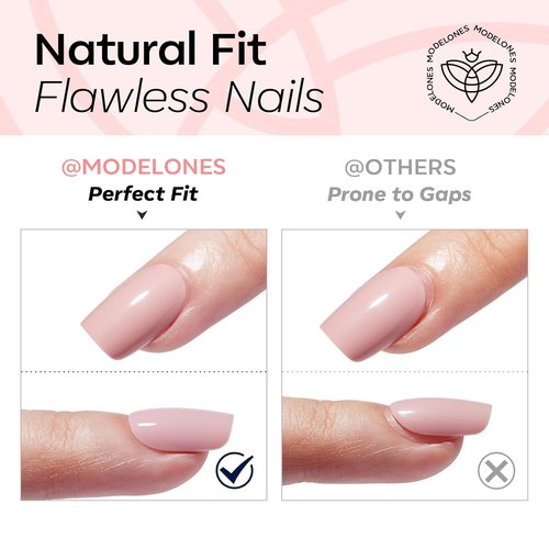 Modelones Press-On Nails - Extra Short Semi-Transparent Squoval Design | 32 Pcs in Soft Pink, Reusable Kit with Glue & File