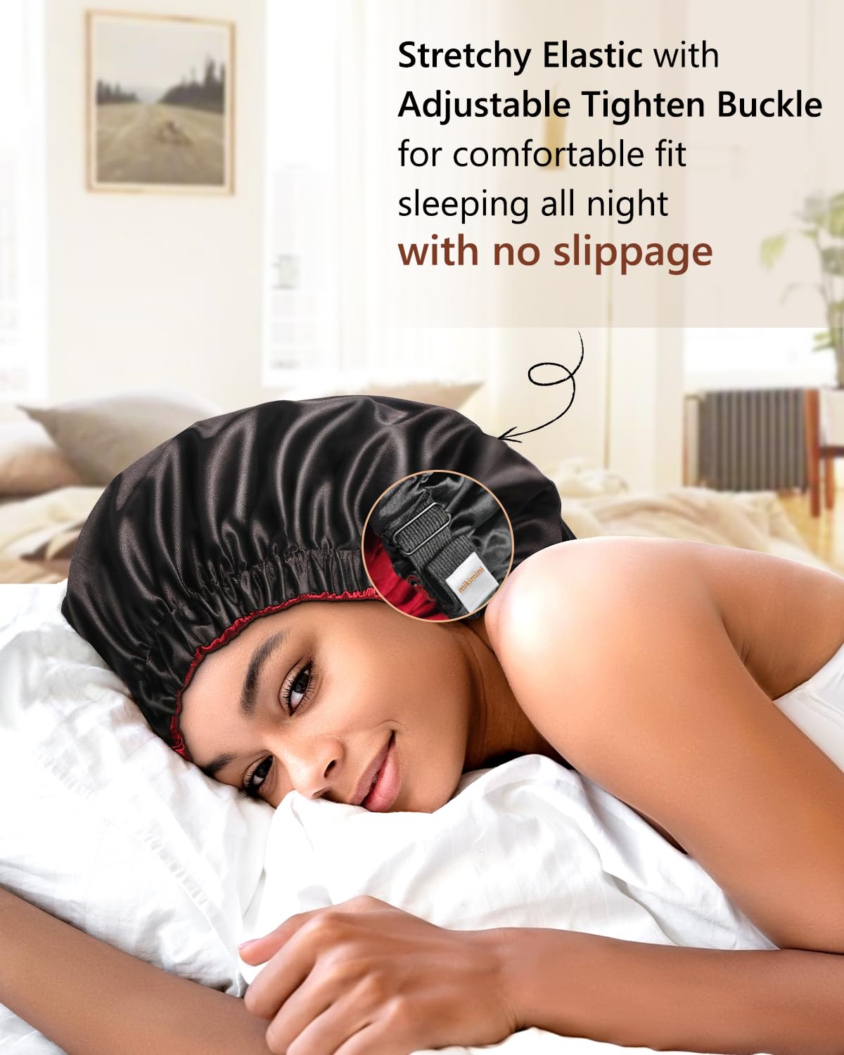 mikimini Satin Bonnet for Men and Women, Reversible Double Layer Sleeping Bonnet for Hair Braids with Anti-slip Adjustable Elastic Band Super Soft (XL, Black/Red)