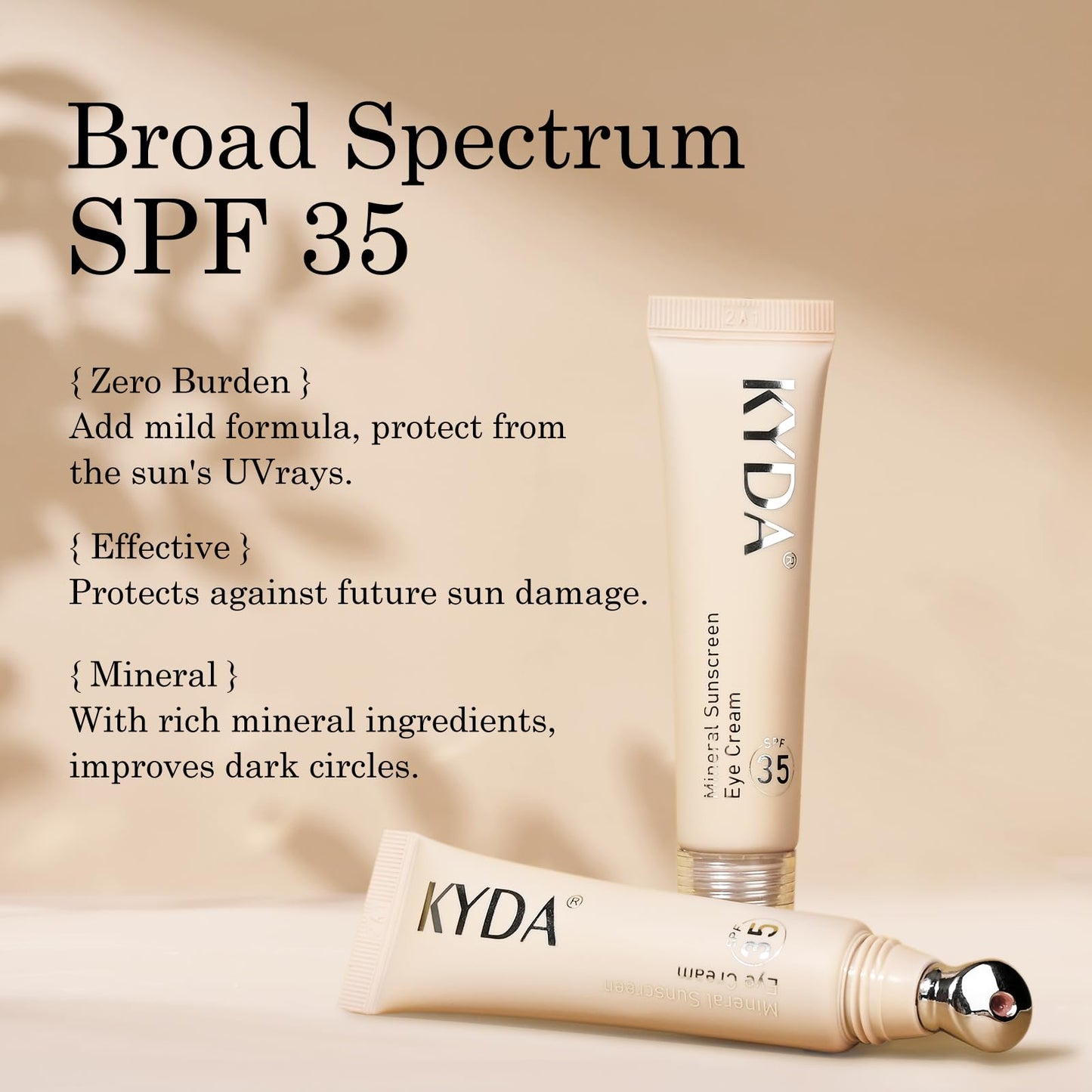 KYDA Mineral Sunscreen Eye Cream, 3-in-1 Anti-Aging Eye Cream, SPF 35, for Dark Circle and Fine Lines, Light