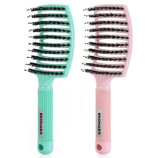 2 Pack Detangling Brush Getting Knots Out without Pain Adds Shine and Makes Hair Smooth,Detangler Boar Bristle Hair Brush for Adult & Kids Wet or Dry Hair(Light Green&Pink)…