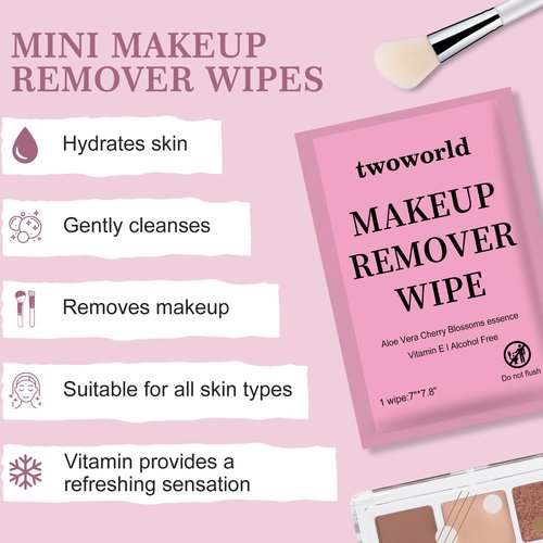 Twoworld Makeup Remover Wipes Bulk Individually Wrapped,Travel Makeup Wipes Gentle for Face Cleansing Mascara Lipstick Travel Hotel(Aloe Vera & Cherry Blossoms,Pack of 100)