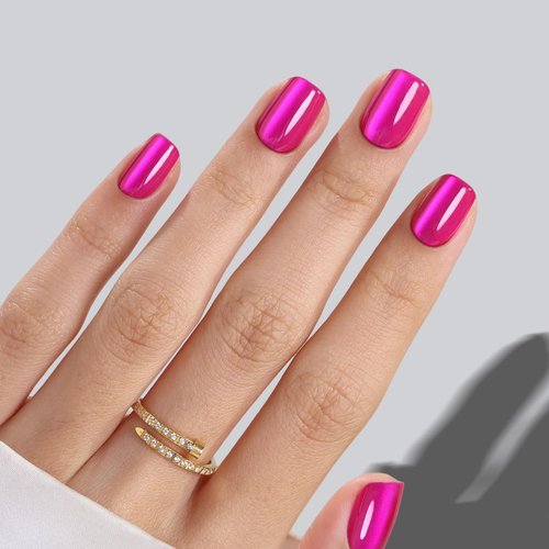 Hot Pink Press on Nails Short - SHANGMENG Soft Gel Cat Eye Press on Nails Square for Women, Naturally & Full Cover Reusable Glue on Nails in 16 Sizes - 32 Fake Nails Kit with Glue, Hot Pink