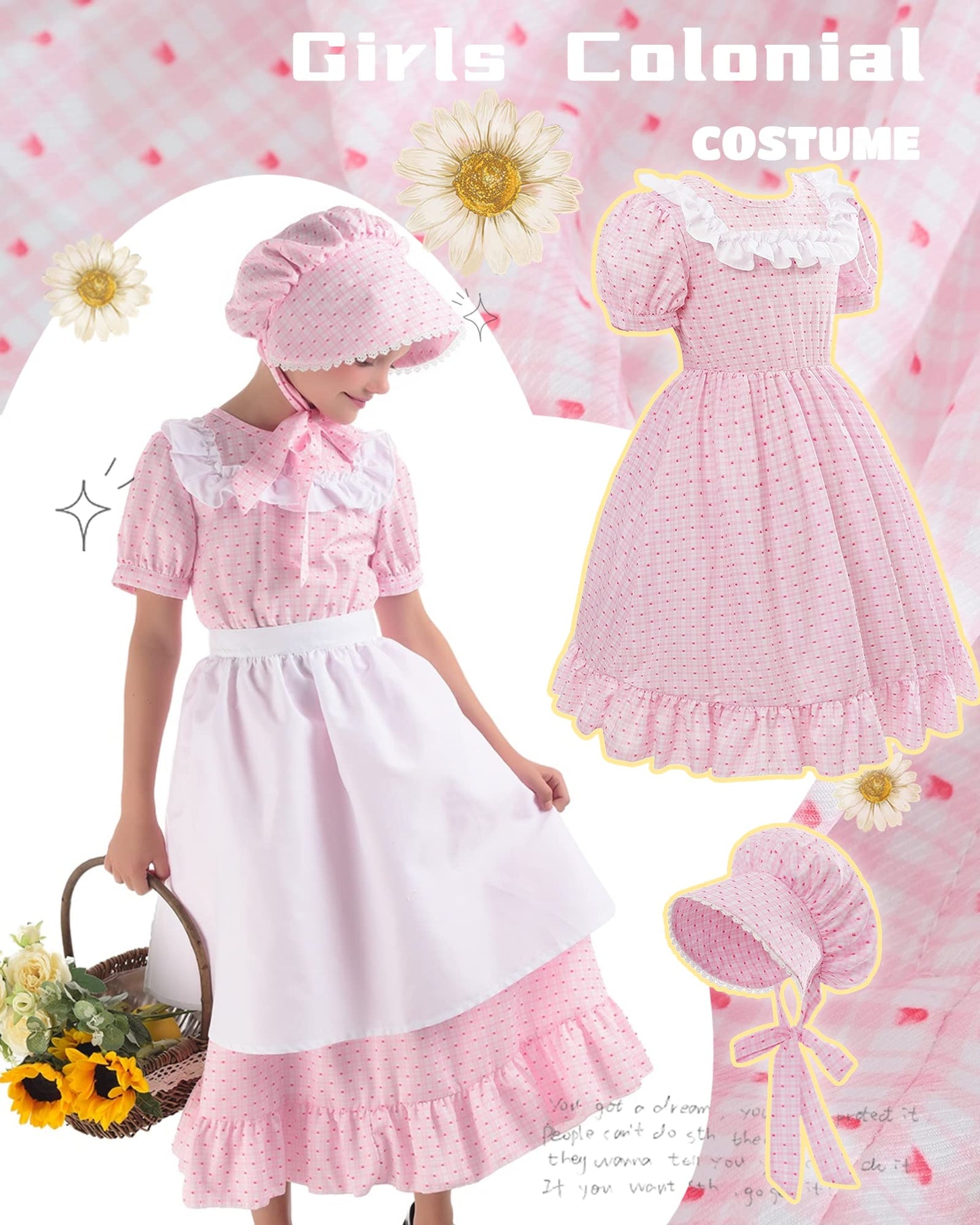 NSPSTT Pioneer Dresses for Girls Colonial Costume Prairie Dresses for Girls Polka Dot Dress, Pink S