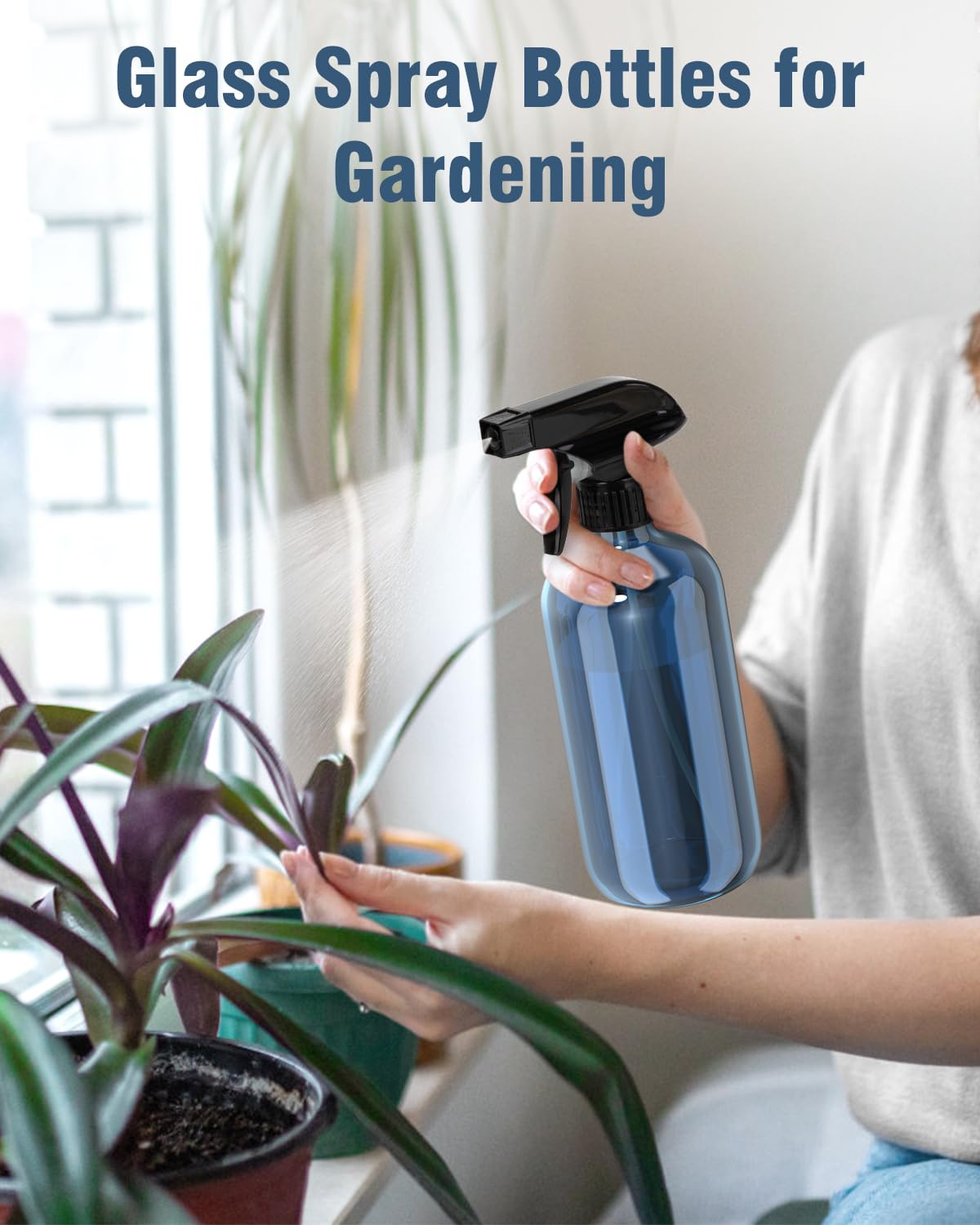 Glass Spray Bottle, Indigo Blue Glass Spray Bottle Set & Accessories for Non-toxic Window Cleaners Aromatherapy Facial Hydration Watering Flowers Hair Care (2 Pack/16 oz)(Indigo)