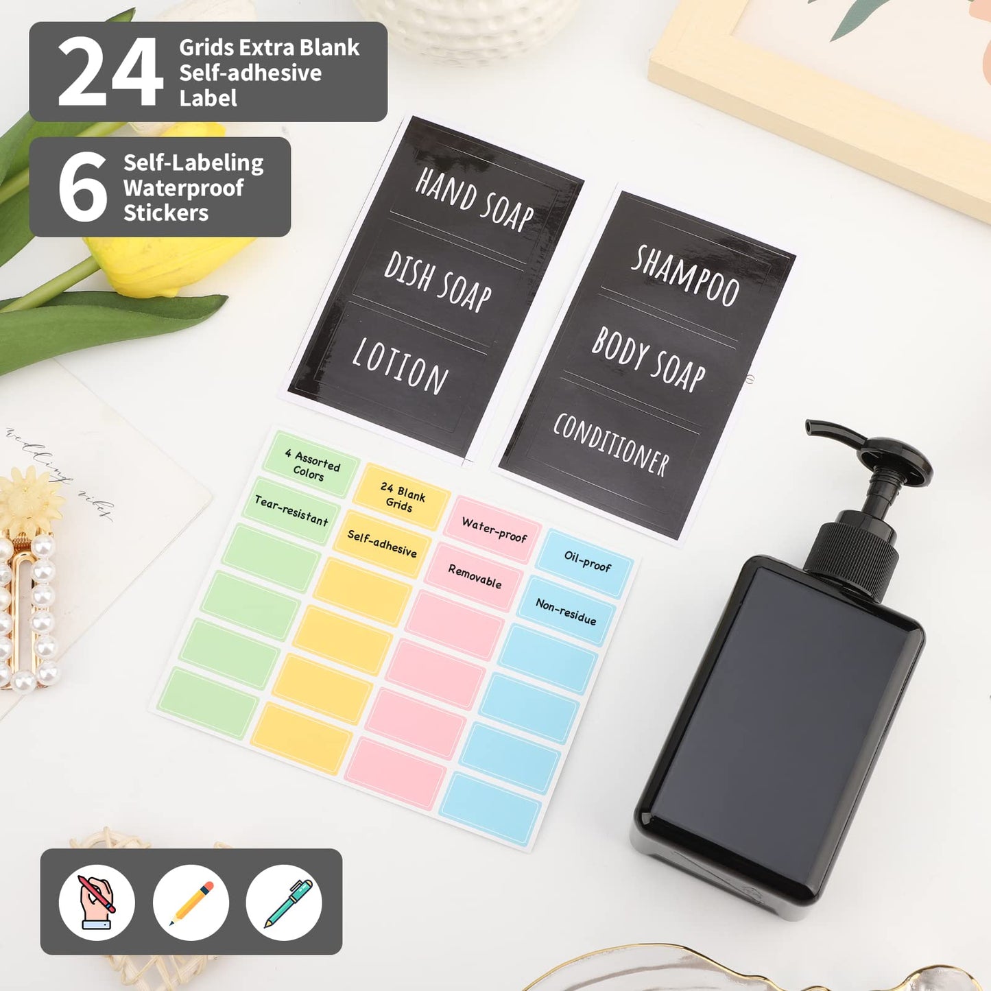 Segbeauty 4pcs Square Lotion Dispenser, 6.8oz Empty Shampoo Pump Bottles Small with Labels, 200ml Refillable Portable Plastic Press Bathroom Shower Dispenser Liquid Soap Containers for Travel Black