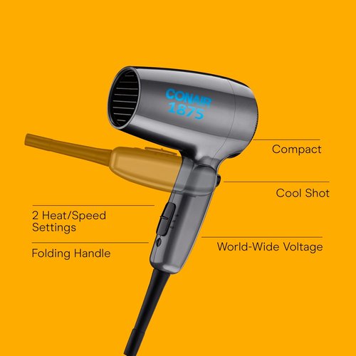 Conair Travel Hair Dryer - 1875W Compact Dual Voltage Blow Dryer with Folding Handle - Gray