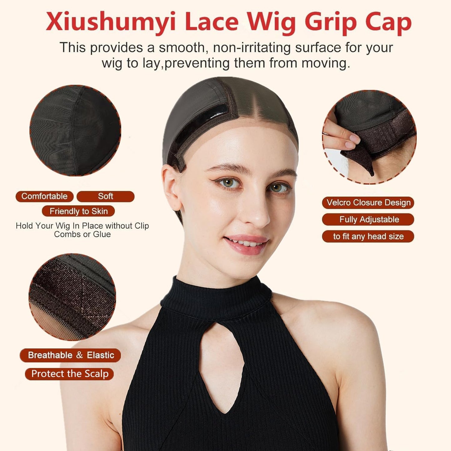 Xiushumyi Lace Wig Cap for Women,Non-Slip Grip Cap Make Your Wigs Glue Free,Wig Caps with Built-in Adjustable Velvet Band for Keeping Wigs in Place(Brown,L)
