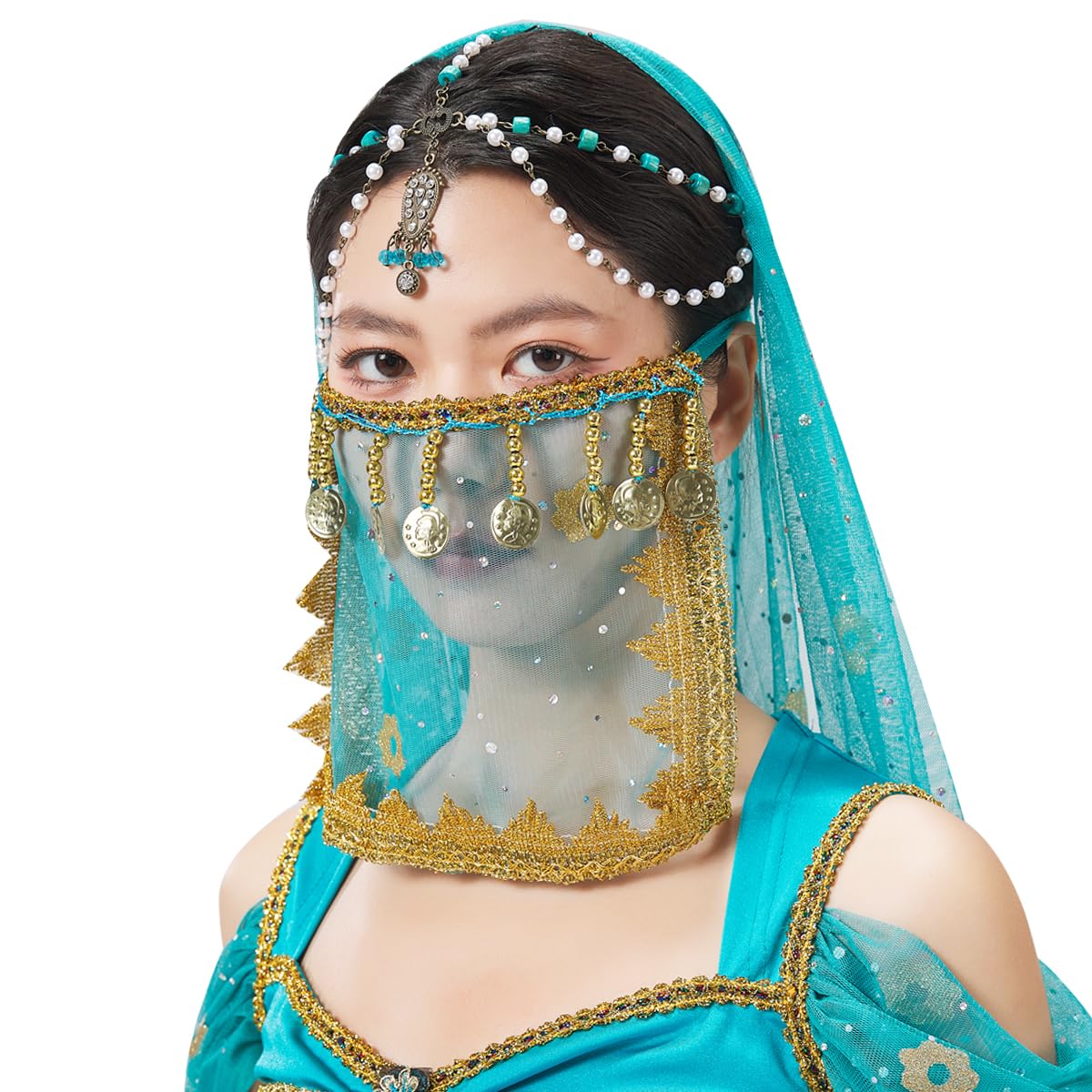 Women Belly Dance Tribal Face Veil with Sequins Beads Coins Halloween Costume Accessory(Square)