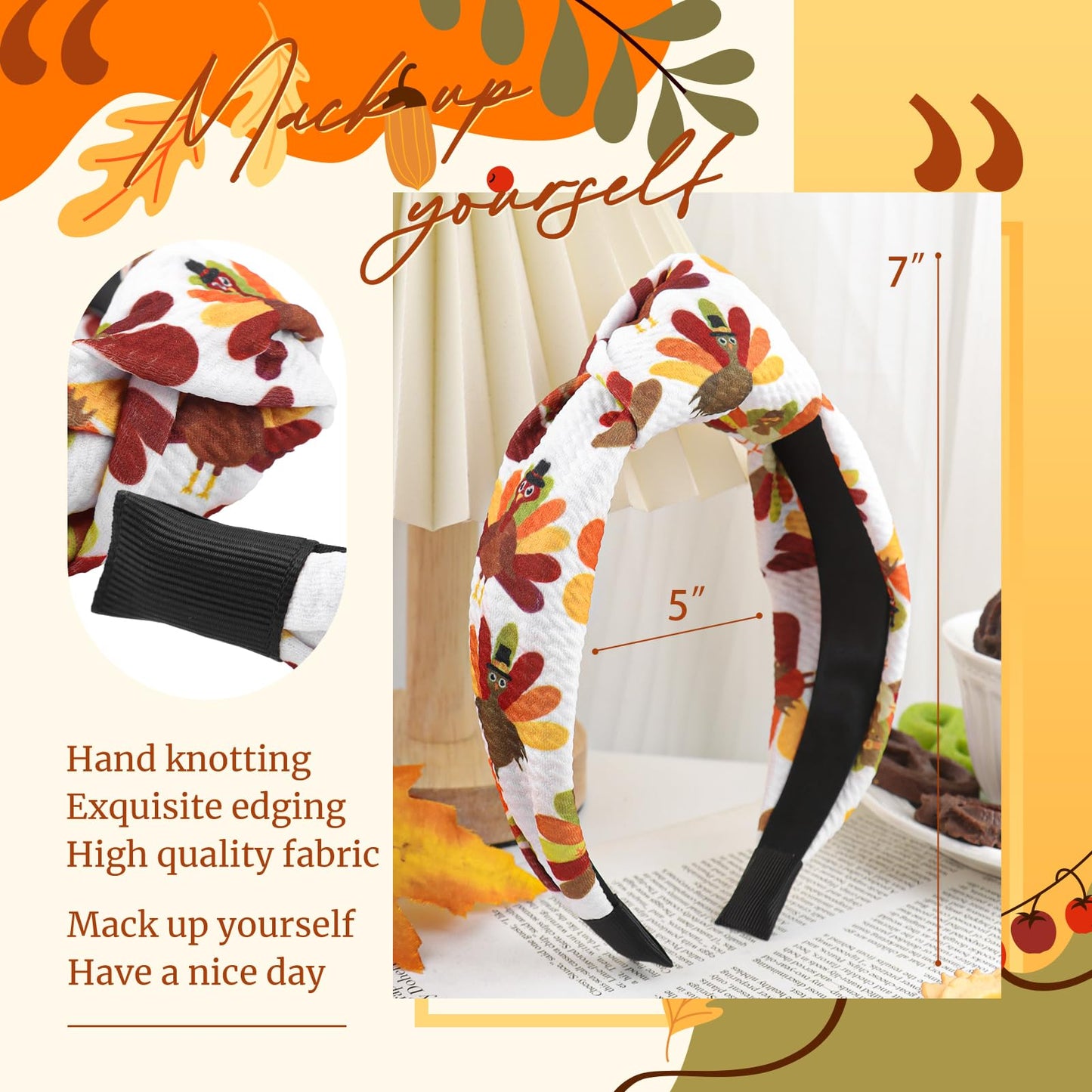 YanJie Thanksgiving Headbands for Women Turkey Headbands Knotted Headband Non Slip Thanksgiving Hair Accessories Thanksgiving Headband 2pcs