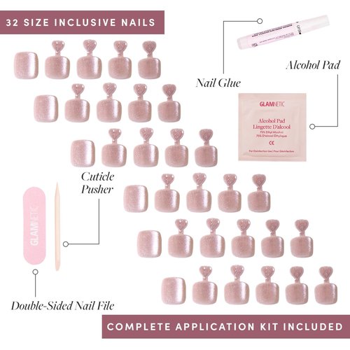 Glamnetic Press On Toenails - The Vow | Shimmery Nude Neutral Fake Toe Nails with a Velvet Finish | 16 Sizes - 32 Toe Nail Kit with Glue