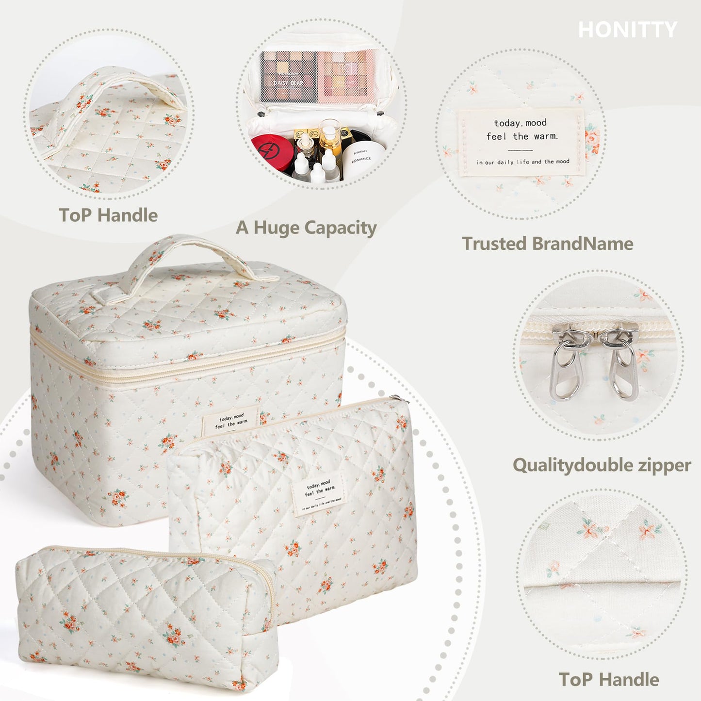 Makeup Bag,Quilted Cosmetic Bags,Large Floral Make Up Organize bag,Makeup Bag Set for Women,Flower Travel Toiletry Bag