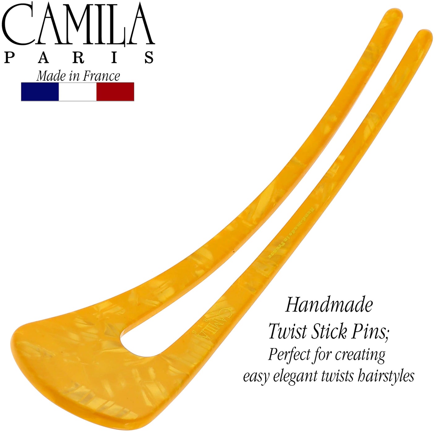 Camila Paris CP3166 French Twist Stick Clip Pins, Orange, Wavy Hair Pin U-Shaped Hair Fork for Girls Spiral Updo Chignon Bun Holder, Fashion Flexible Styling Hair Accessories for Women, Made in France