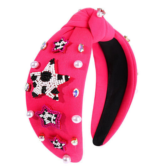 Hot Pink Knotted Headband Western Cowgirl Headband Accessories for Women Beaded Cowboy Boot Embellished Headband Rhinestone Crystal Pearl Top Knot Headband Rodeo Nashville Bachelorette Party Country