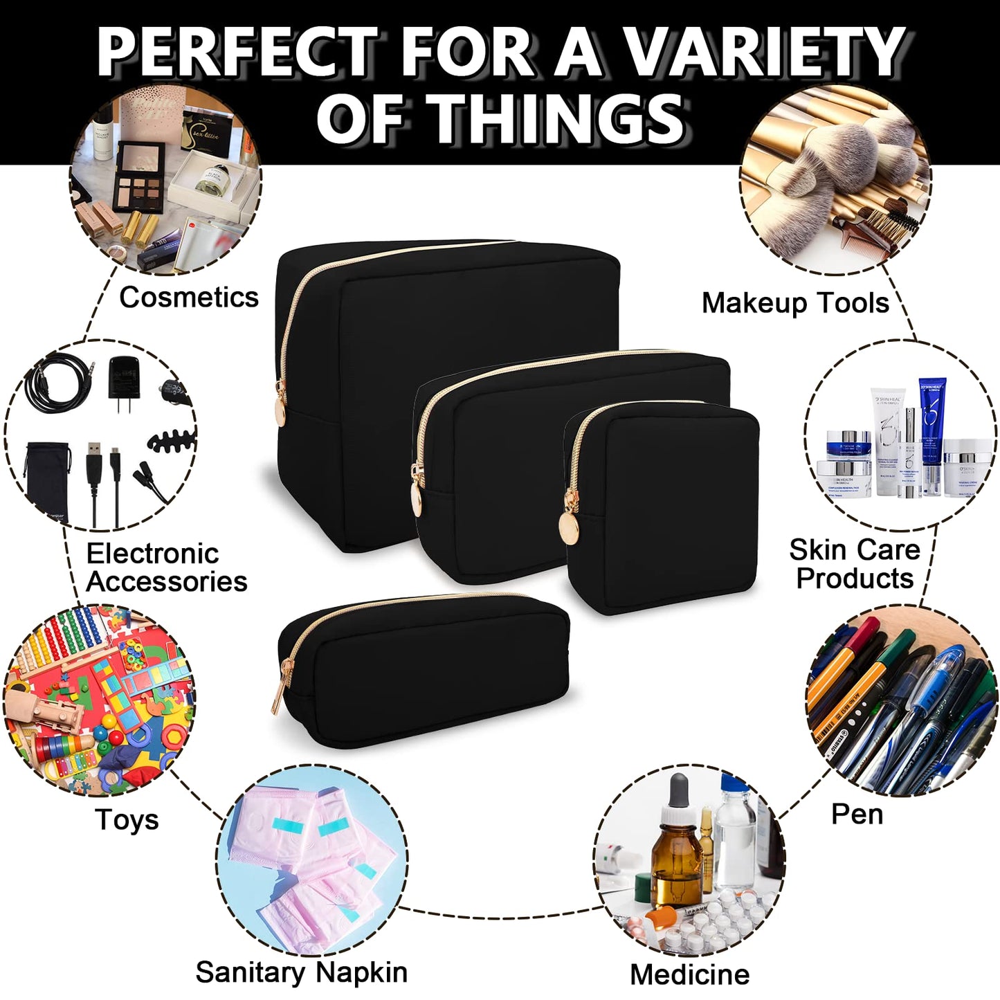 UIXIZQ Waterproof Small Pencil Case Makeup Bag for Purse,Cute Pencil Pouch Preppy Nylon Makeup Brush Holder with Zipper,Girls Portable Storage Case Small Pen Bag for Office School College(Slim-Black)