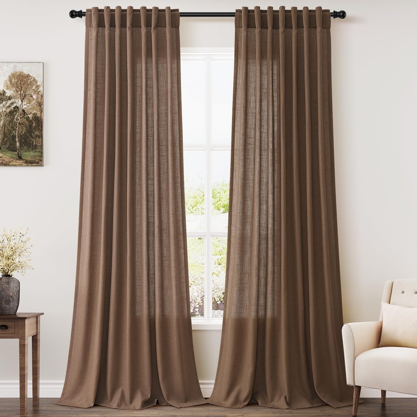 Nanspring Natural Linen Curtains for Kitchen Windows Over Sink - Cafe Curtain Semi Sheer with Rod Pocket and Back Tab Lightweight Rustic Textured Bistro Curtains for Bathroom, 2 Panels 25 x 24 Inch