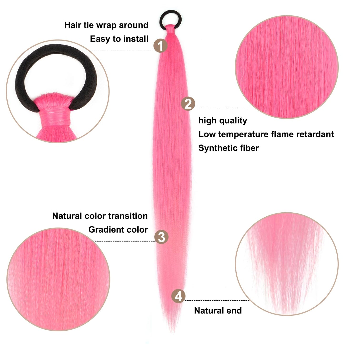 2 Pack Braid Ponytail Extension with Elastic Tie Straight Sleek Wrap Around Braid Wig Ponytail Pink gradient 26 Inch (Pink/Light Pink)