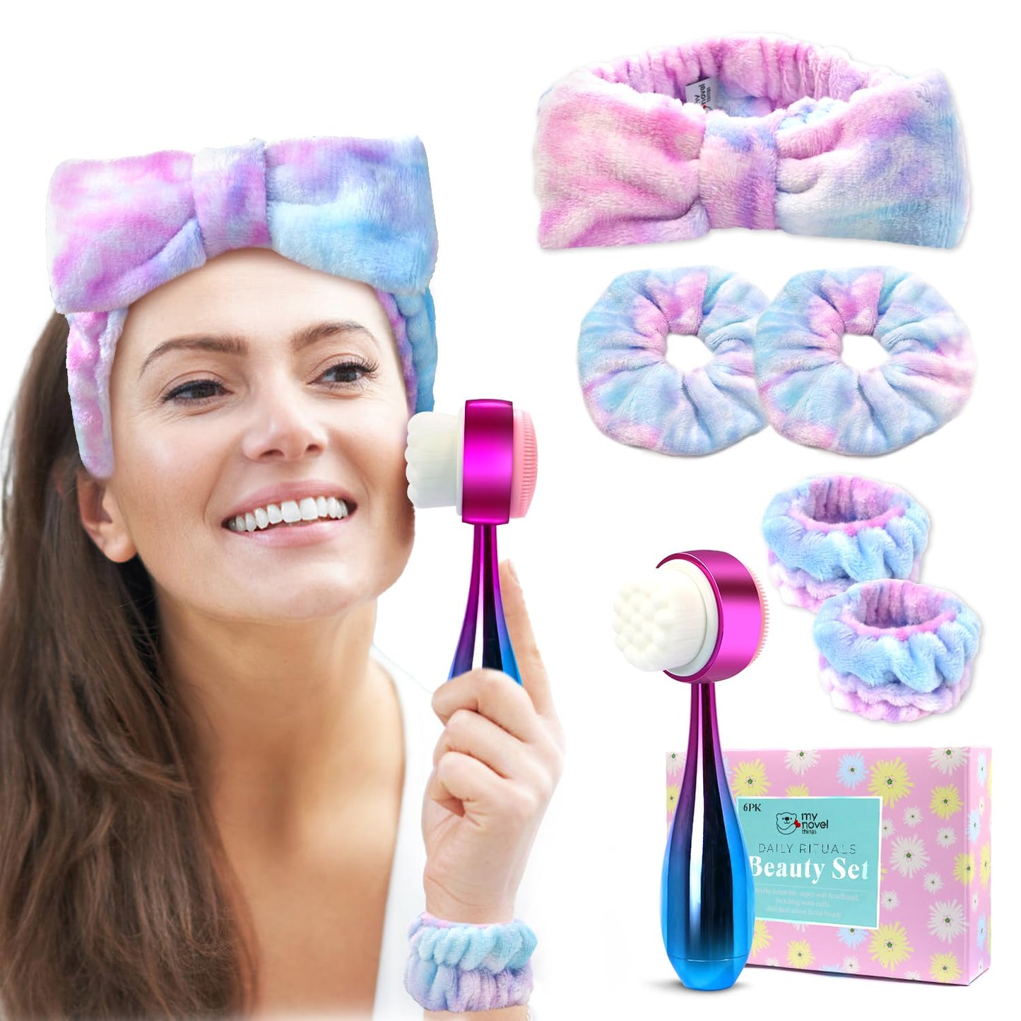 my novel things Facial Cleansing Brush, Headband for Washing Face with Silicone Double Side Manual Face Scrubber Brush, Skincare Headband and Wristband Set, 2 Hair Scrunchie, for Makeup Rainbow