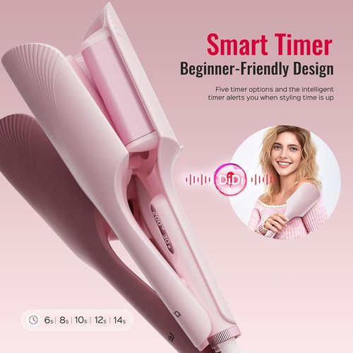 LENA S16 Hair Waver | Beach Waves Curling Iron with 3 Titanium Ceramic Barrels, Anti-Scald Protection, 1.25 Inch, Pink