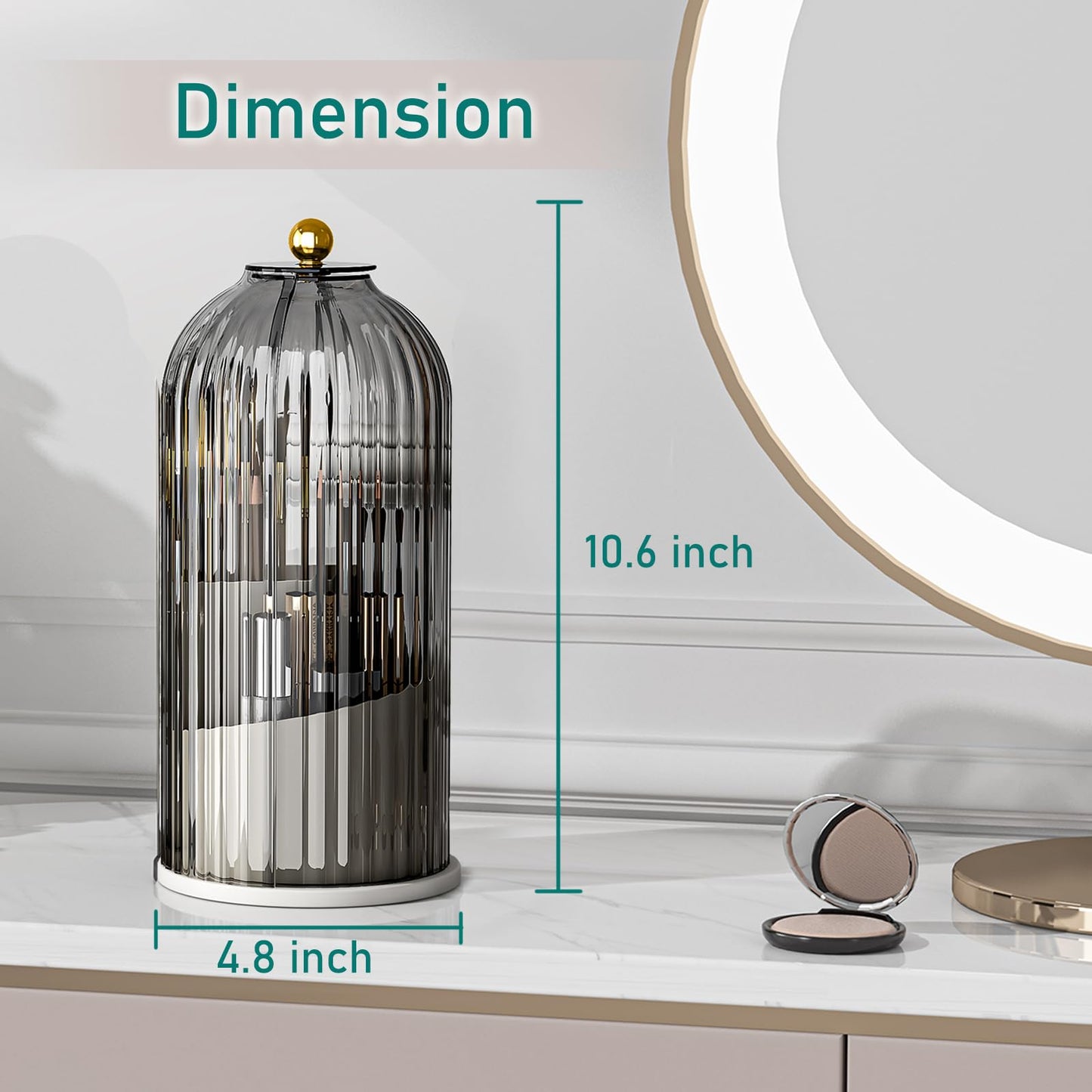 GAXmi Makeup Brush Holder with Lid Cosmetic Tools Organizer 360 Rotating Waterproof Dustproof Makeup Brushes Storage for Vanity, Grey