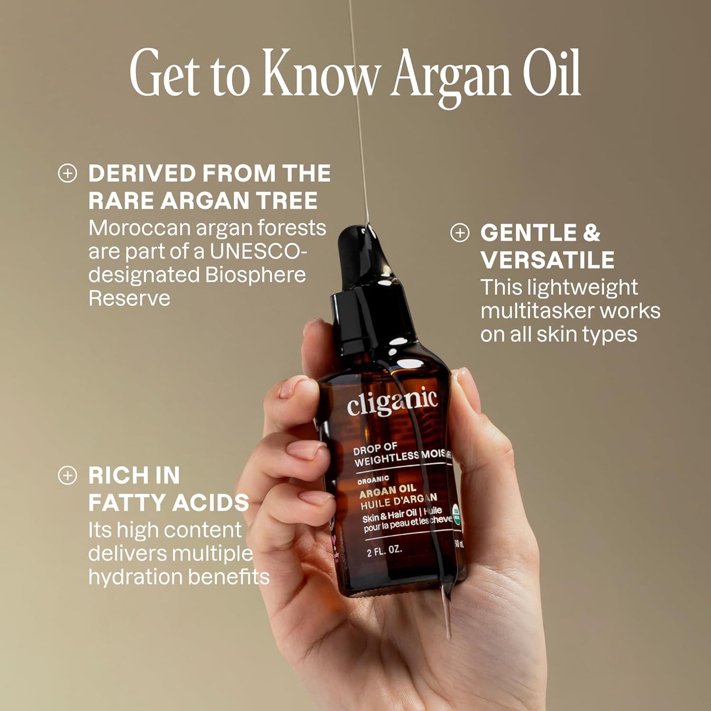 Cliganic Organic Argan Oil - 100% Pure Cold Pressed Carrier Oil for Hair, Face & Skin | Imported from Morocco