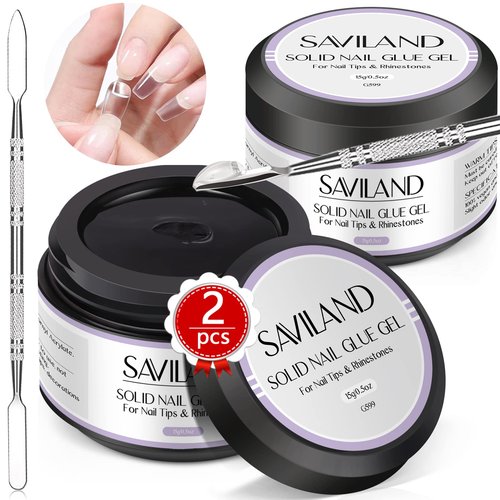 SAVILAND 30G Solid Nail Glue Gel: 2 PCS Gel Nail Glue for Acrylic Nails Strong Adhesive Solid Rhinestone Gel for Fake Nails Tips Women Home Salon DIY U V LED Lamp Cured
