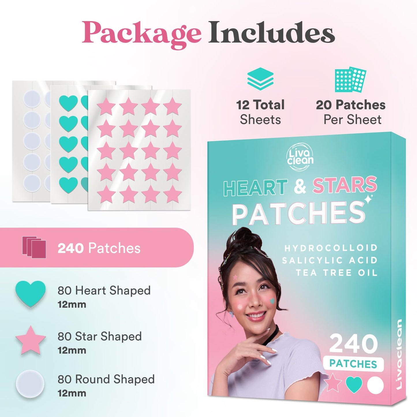 LivaClean 240 CT Heart & Star Pimple Patch w/Salicylic Acid & Tea Tree Oil, Pimples Patches, Pimple Patches Heart, Hydrocolloid Cute, Zit Patch, Cute Acne