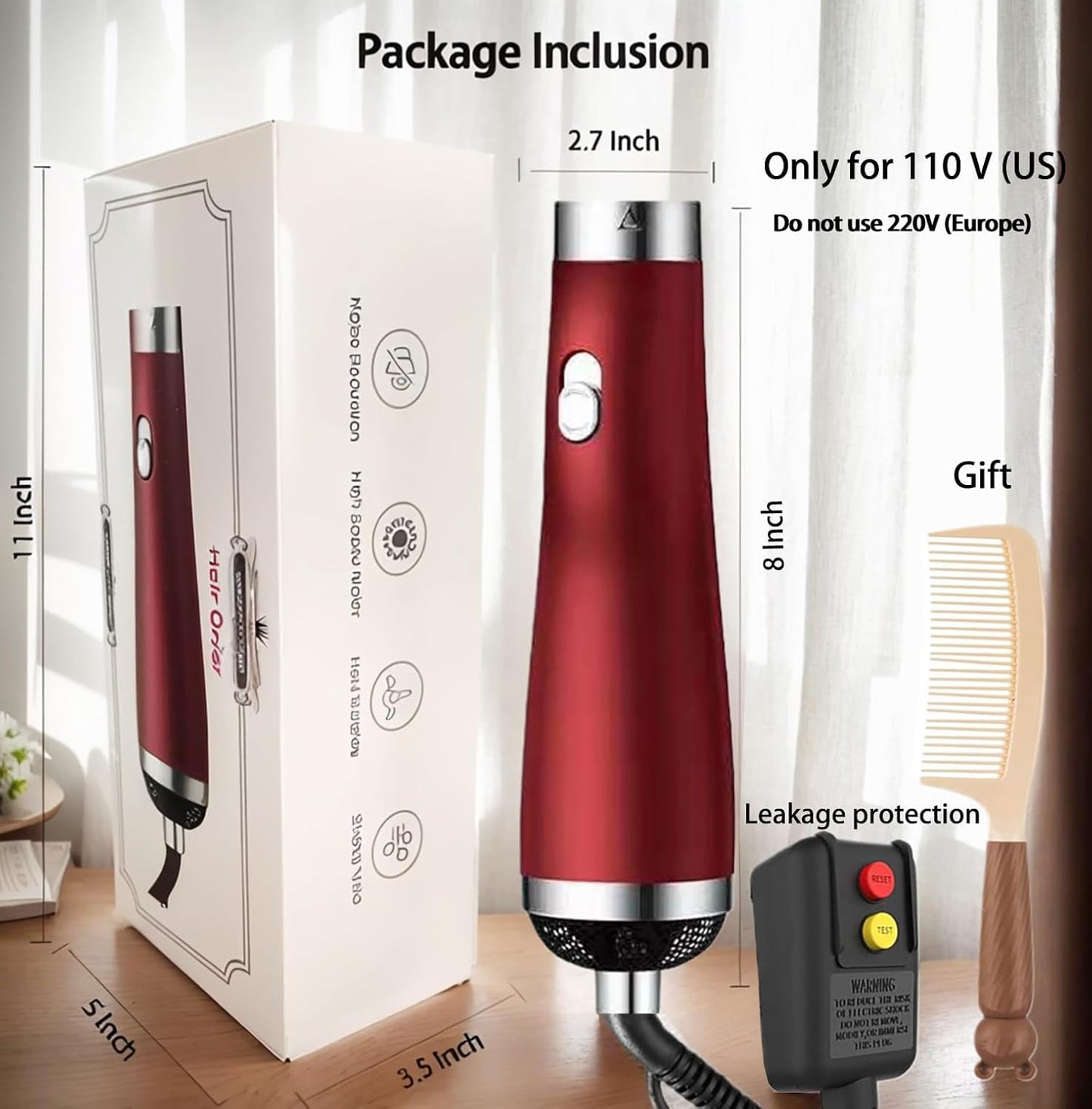 Skiennix Portable Hair Dryer - High-Speed Travel Dryer with Negative Ion Technology | 3 Heat/Speed Settings, Low Noise, Red