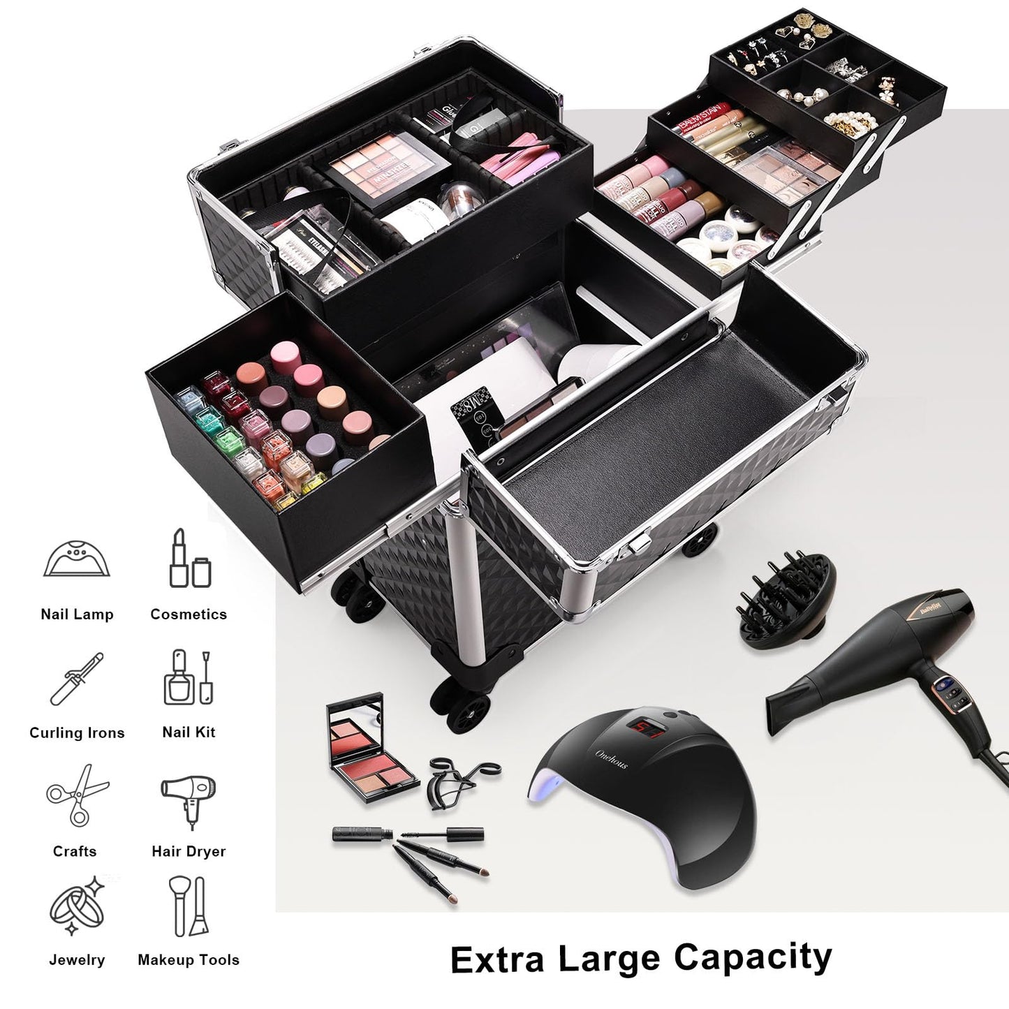 Stagiant Rolling Makeup Train Case Large Cosmetic Trolley 4 Tray with Sliding Rail Removable Layer with Key Swivel Wheels Salon Barber Storage Traveling Cart Trunk - Diamond Black