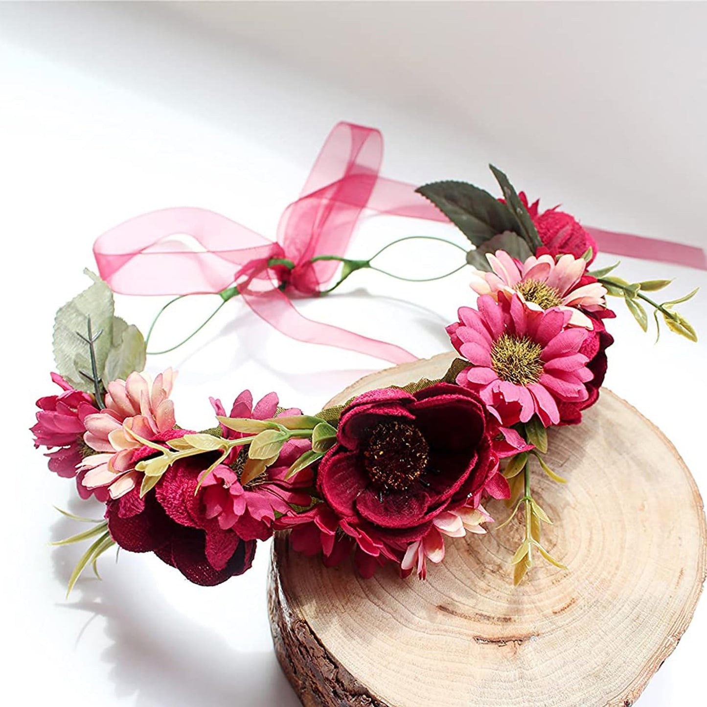 YnimioAOX Handmade Adjustable Flower Wreath Headband Halo Floral Crown Garland Headpiece,A14-wine red