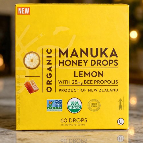 Organic Manuka Honey Lemon Drops - Soothing Lemon Flavor with 25mg Bee Propolis | 60 Count Value Pack - USDA Organic, Non-GMO
