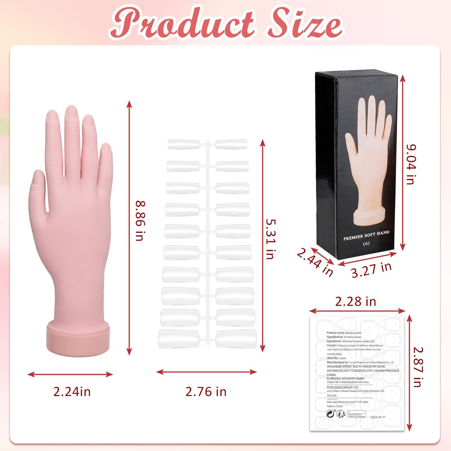 Zhaoyao Practice Hand for Acrylic Nails, Flexible Bendable Nail Practice Hand for Beginners with 100 PCS Nail Tips & 192 PCS Jelly Glues, Silicone Manicure Training kit for Nail Art