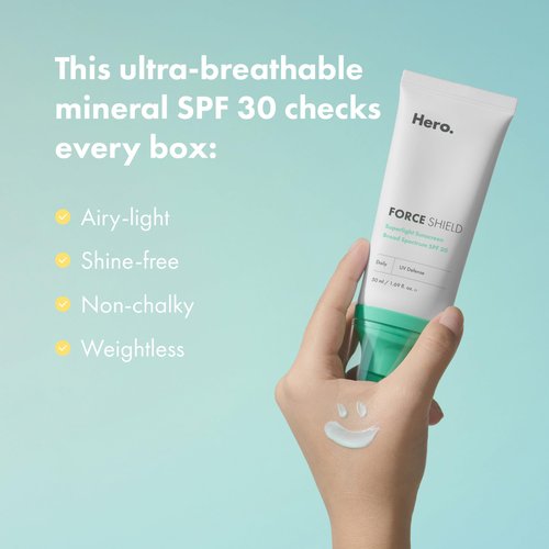 Hero Cosmetics Force Shield Superlight Sunscreen SPF 30 - Everyday Lightweight Sunscreen for Face & Acne-Prone Skin with Zinc Oxide - Fragrance Free 50 ml