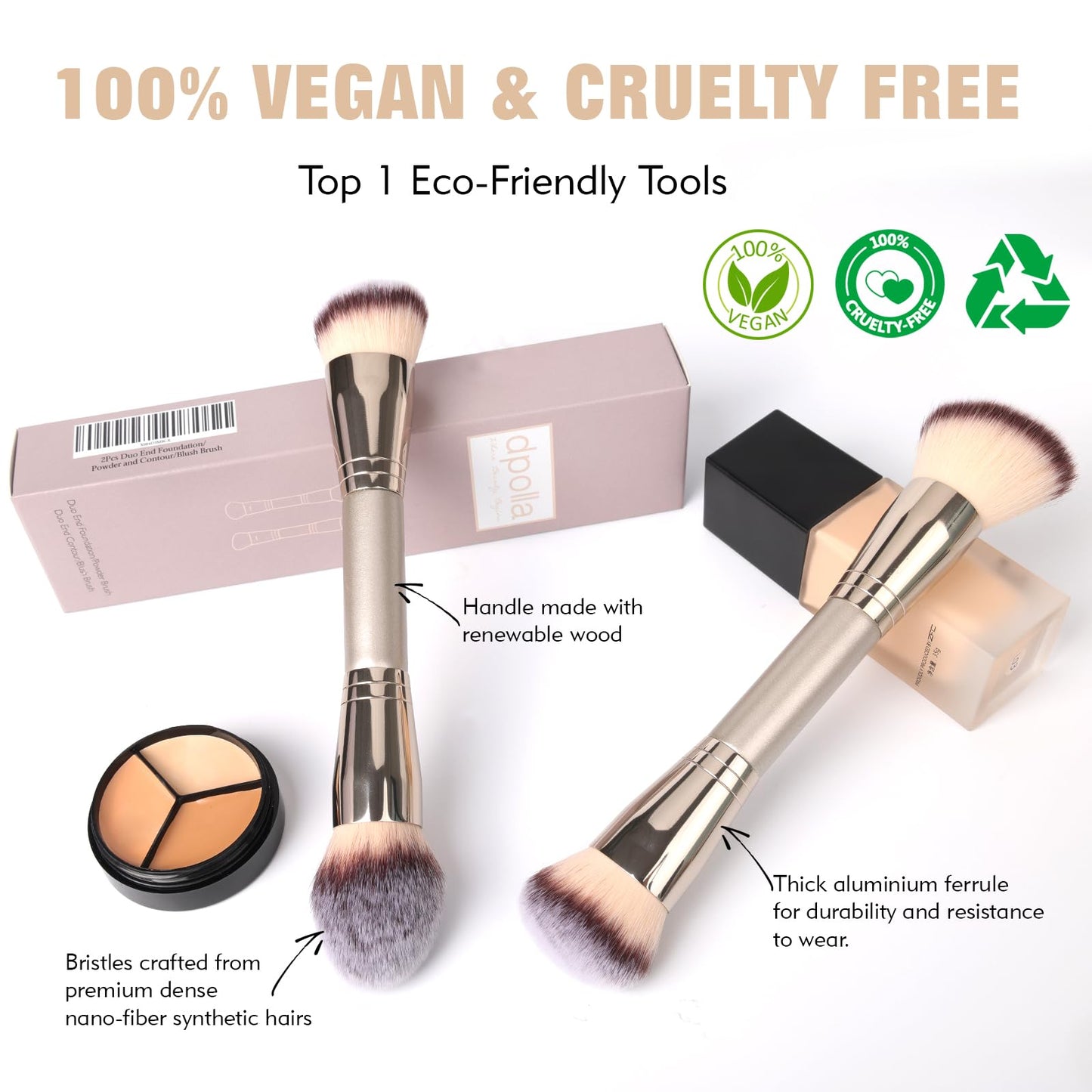 Foundation Makeup Brushes, 2Pcs Premium Dual-Ended Makeup Brush (Foundation, Powder, Blush & Contour Brushes) for Buffing Liquid, Cream, Powder, Blending Face Brush, Fit for Home, Travel & Gifting