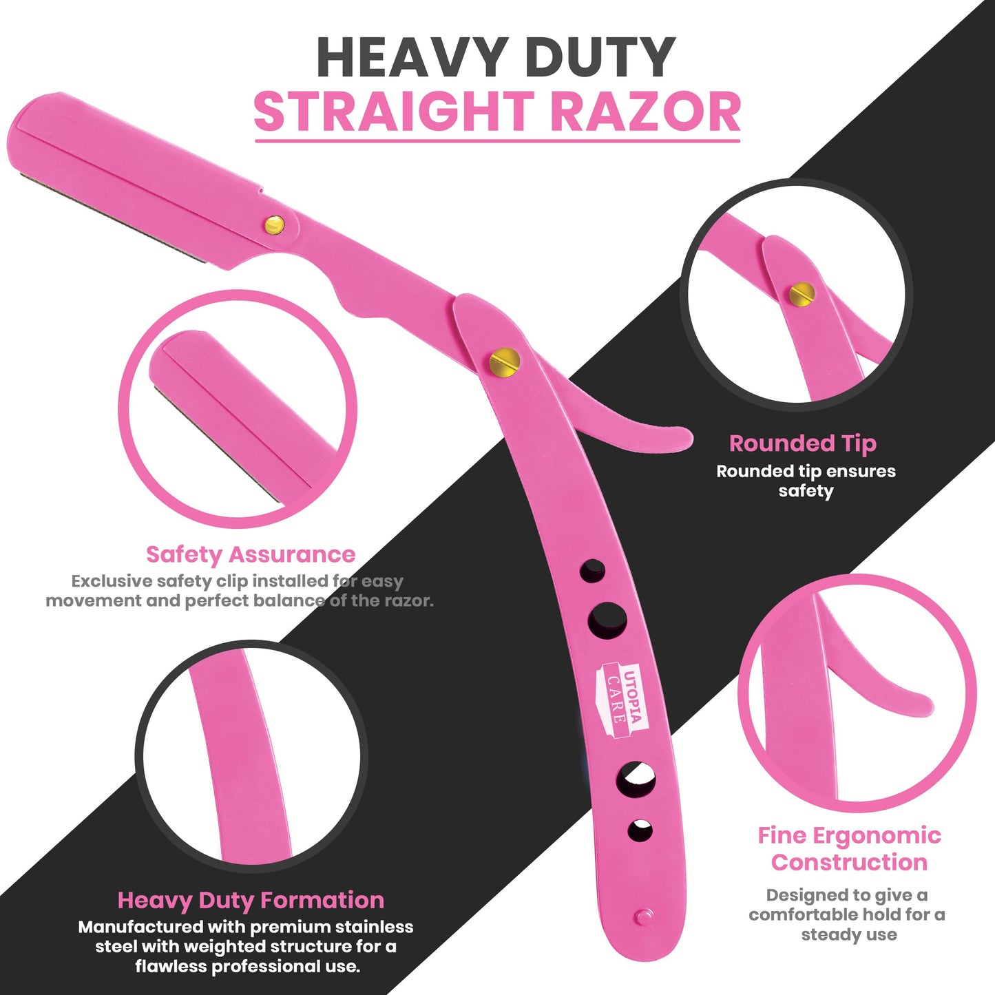 Utopia Care Professional Straight Razor for Men, Barber Straight Edge Razor Safety with 100 Pack Blades, Pink