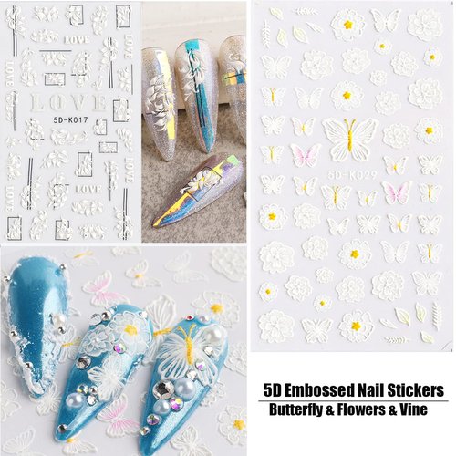 5D Embossed Flower Nail Art Stickers, 6 Sheets Self-Adhesive Nail Sticker Decals,Luxury Hollow Exquisite Pattern Spring Daisy Leaf Butterfly Lace Carving Design for Salon Home Acrylic Nail Decoration