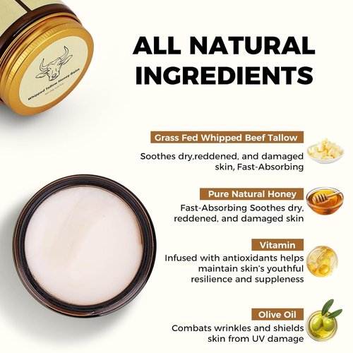 Lopeie Beef Tallow for Skin - Organic Grass-Fed Whipped Moisturizer with Honey Balm | Hydrating Cream for Face & Body (4.23oz, Unscented)