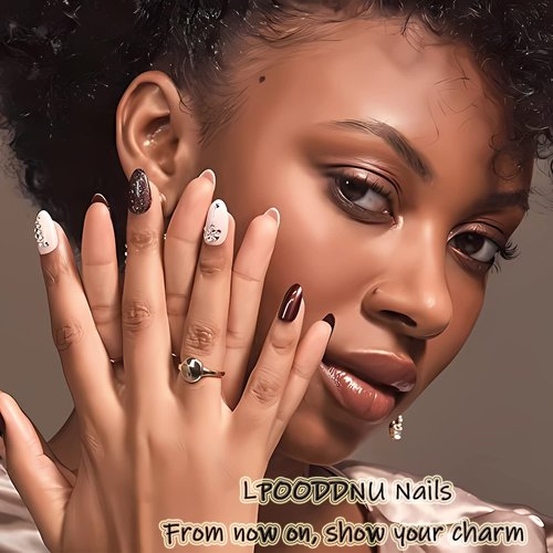 LPOODDNU 3D Pink Press on Nails Almond - Medium French Tip Fake Nails with Embossed Flower&Gold Bead Designs, Glossy Finish Reusable False Nails with Glue Tabs - 24Pcs Nail Kit for Women Manicure