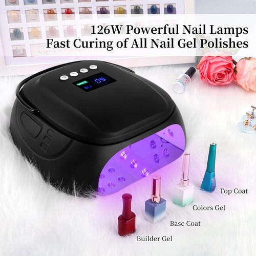 BOMOQING 126W Rechargeable UV LED Nail Lamp, Portable Cordless Nail Dryer with Auto Sensor and 4 Timer Settings, Professional Curing Lamp for Gel Polish and Salon (Black)