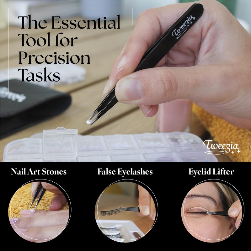 TWEEZIA Stainless Steel Tweezer Set - 4 Precision Tweezers with Mirror & Leather Case - Ideal Eyebrow Kit, Ingrown Hair Tweezers, Splinter Removal Kit or Pointed Tweezers for Beauty and Personal Care