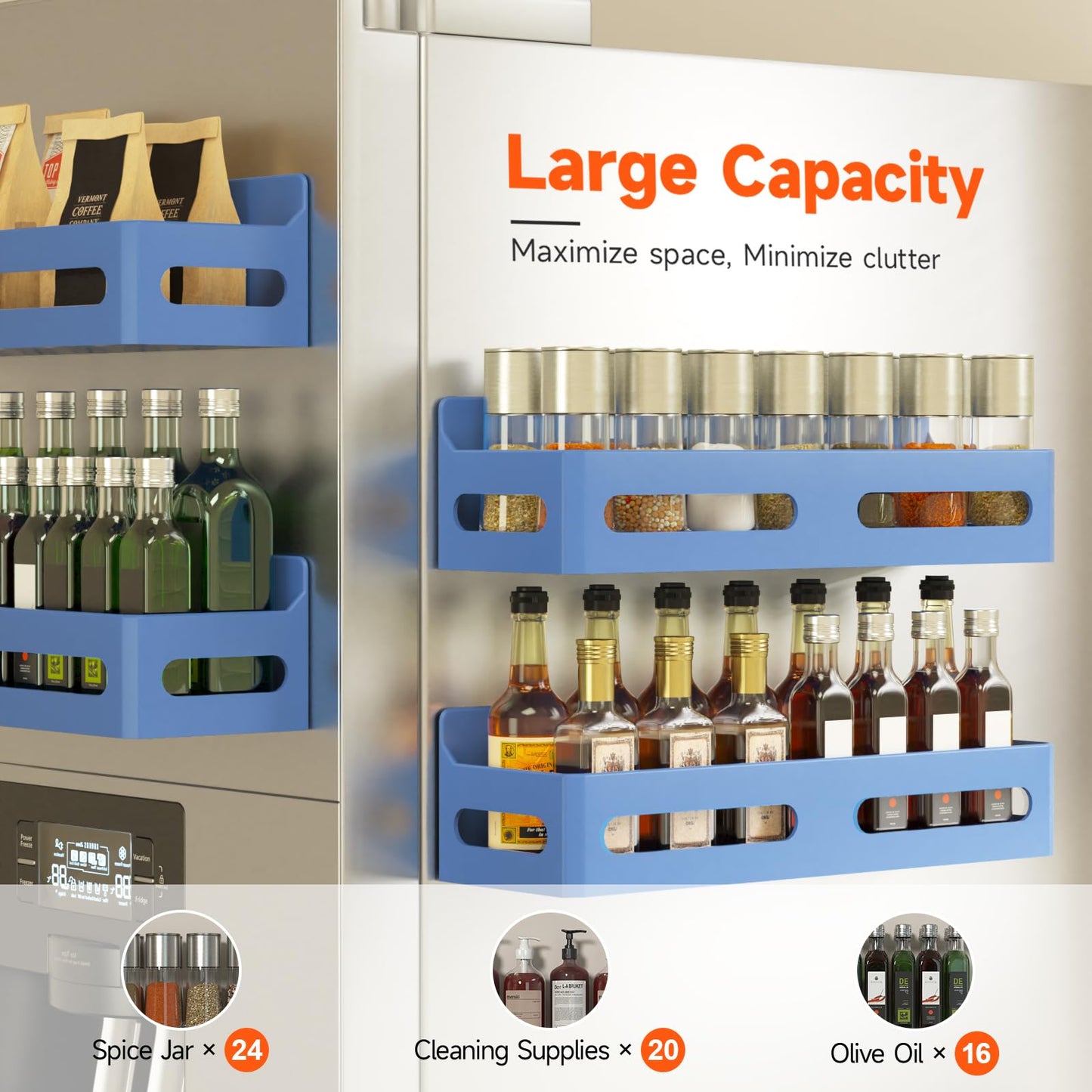 4 Pack Strong Magnetic Spice Rack for Refrigerator, Multipurpose Magnetic Shelf for Fridge with 4 Hooks for kitchen and Bathroom Organization, Black