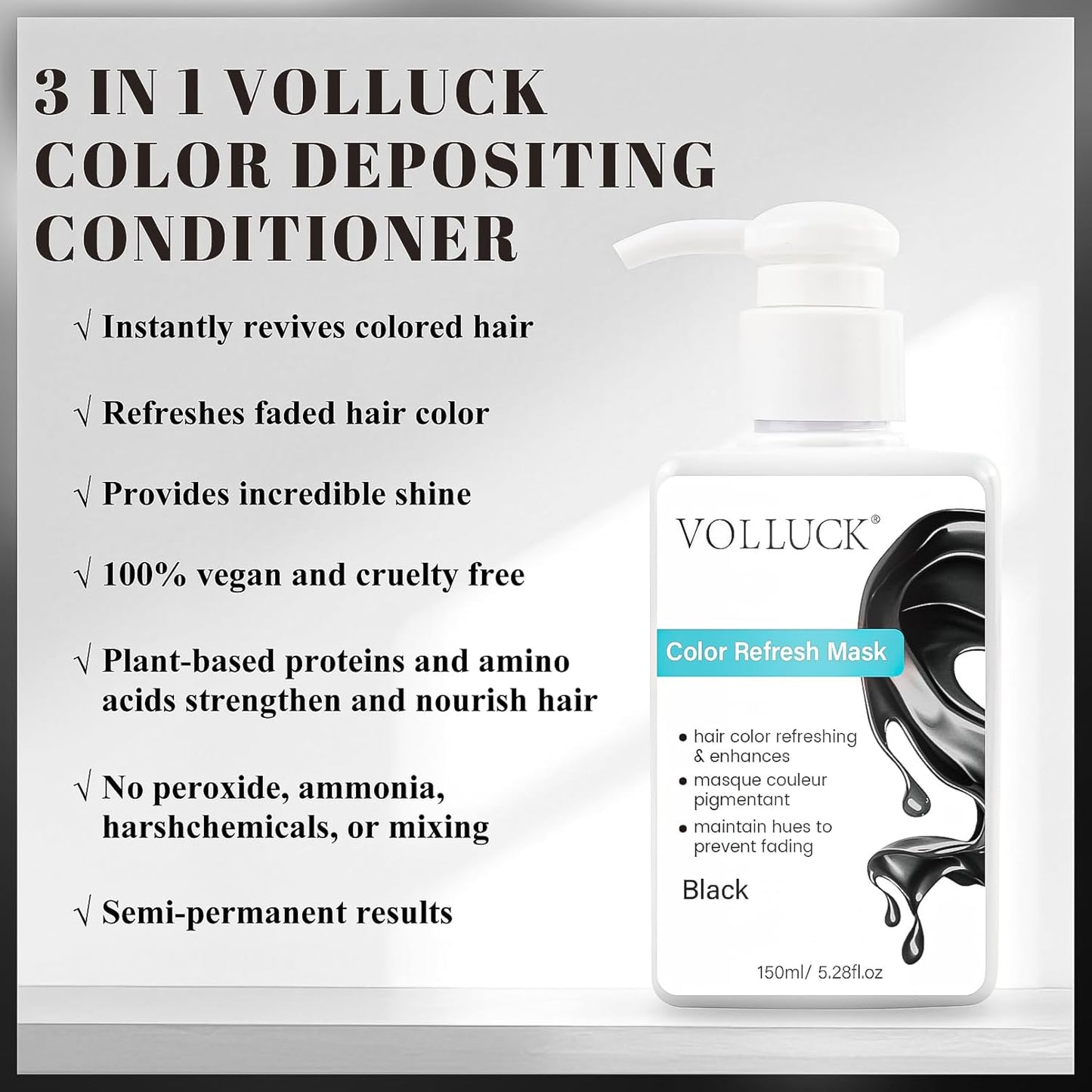 VOLLUCK Color Depositing Conditioner - 3-in-1 Cruelty-Free Hair Mask for Enhanced Shine & Softness | Black, 5.28 Fl Oz