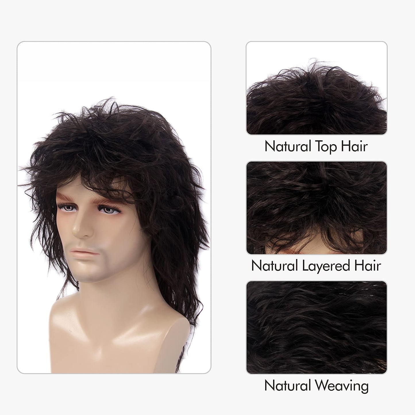 MEDISIFA Mullet 70s 80s Wig with Bangs Dark Brown Long Disco Hair Curly Men Wigs for Mens Man Male Hippie Rocking 80s Them Party Cosplay Costume Anime Heat Resistant Synthetic Hair Wig 70's Wig