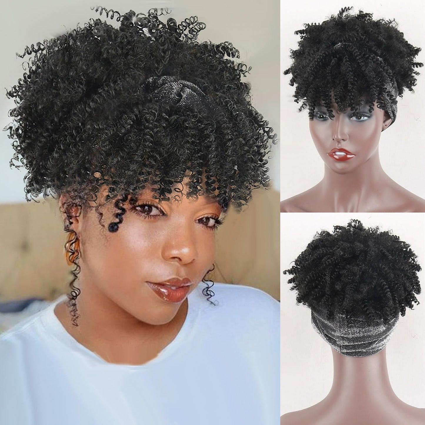 LEOSA Black Headband Wigs for Women Afro Kinky Curly Wig with Bangs Synthetic Short Hair Wigs with Headband Attached Headwrap Wigs Kinky Curly Headband Wig 4inch