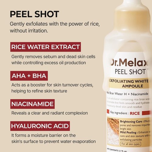 Dr.Melaxin Glow White Rice Peeling Ampoule - Brightening Exfoliating Serum with AHA/BHA & Niacinamide, 2.71 fl. oz.
