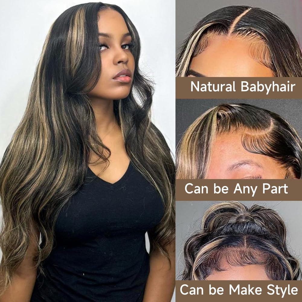 KeaBalo Ombre Lace Front Wig Human Hair Pre Plucked 13x4 Highlight Body Wave Lace Front Wigs Human Hair Hd Lace Frontal 1B/27 Colored Glueless Wigs Human Hair 180% Density 28 Inch